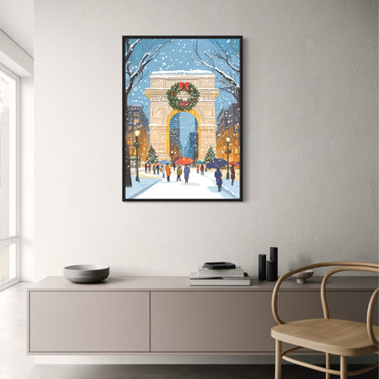 Enchanting Winter Wonderland | Iconic Snowy Archway Scene | Festive Wreath & Glowing Street Lamps | Serene Cityscape Print | Christmas Decor Poster | Perfect Gift for Holiday Cheer | Seasonal Wall Art