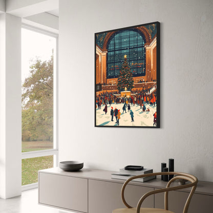 Grand City Station | Christmas Poster Print | Festive Holiday Scene | Majestic Tree | Snowy Urban Landmark | Winter Decor