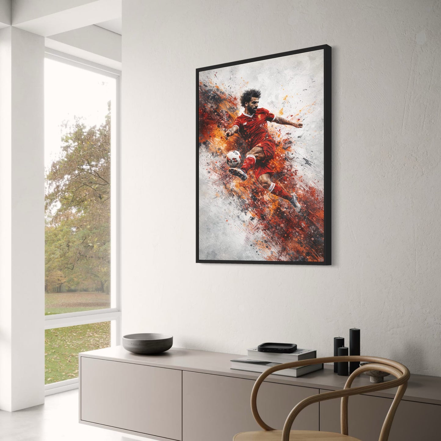 Soccer Art | Player Red & Orange Motion | Brush Stroke Effects | Vibrant Sports Decor | Wall Print for Enthusiasts | Athletic Action Poster