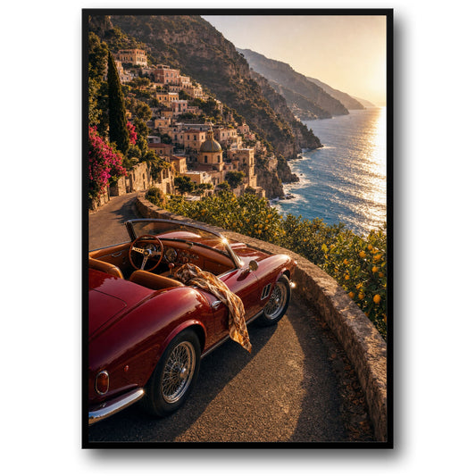 Vintage Auto Kustweg | Italiaanse Platteland Zonsondergang | Kunst Print Poster | Klassieke Stijl Wanddecoratie | Reis Vibes