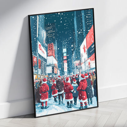 Festive Times Square Scene | Joyful Santa Crowd | Snowy Urban Night | Skyscrapers & Holiday Lights | Winter Wonderland Print for Christmas Decor | Community Spirit | Holiday Season Poster