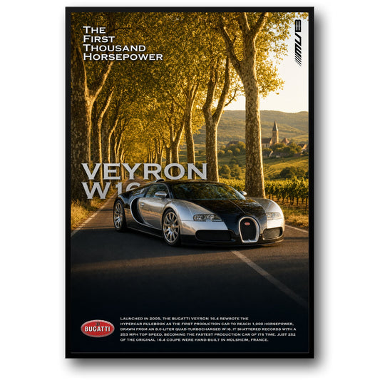 Bugatti Veyron W16 | Iconische Supercar Print | Eerste Productieauto met 1000 Paardenkracht | Hoogwaardige Poster voor Autoliefhebbers