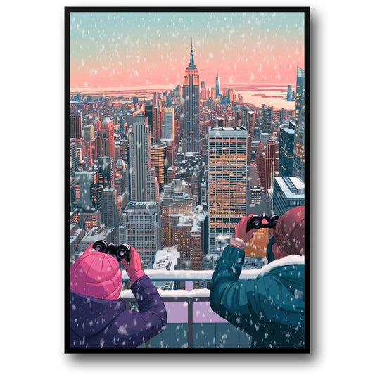 Scenic Winter Cityscape | Iconic Urban Skyline | Snowfall Scene | Dual Figures with Binoculars | Stunning Skyscrapers | Sunset Poster | Premium Quality Print | Captivating Wall Art for Home or Office Decor