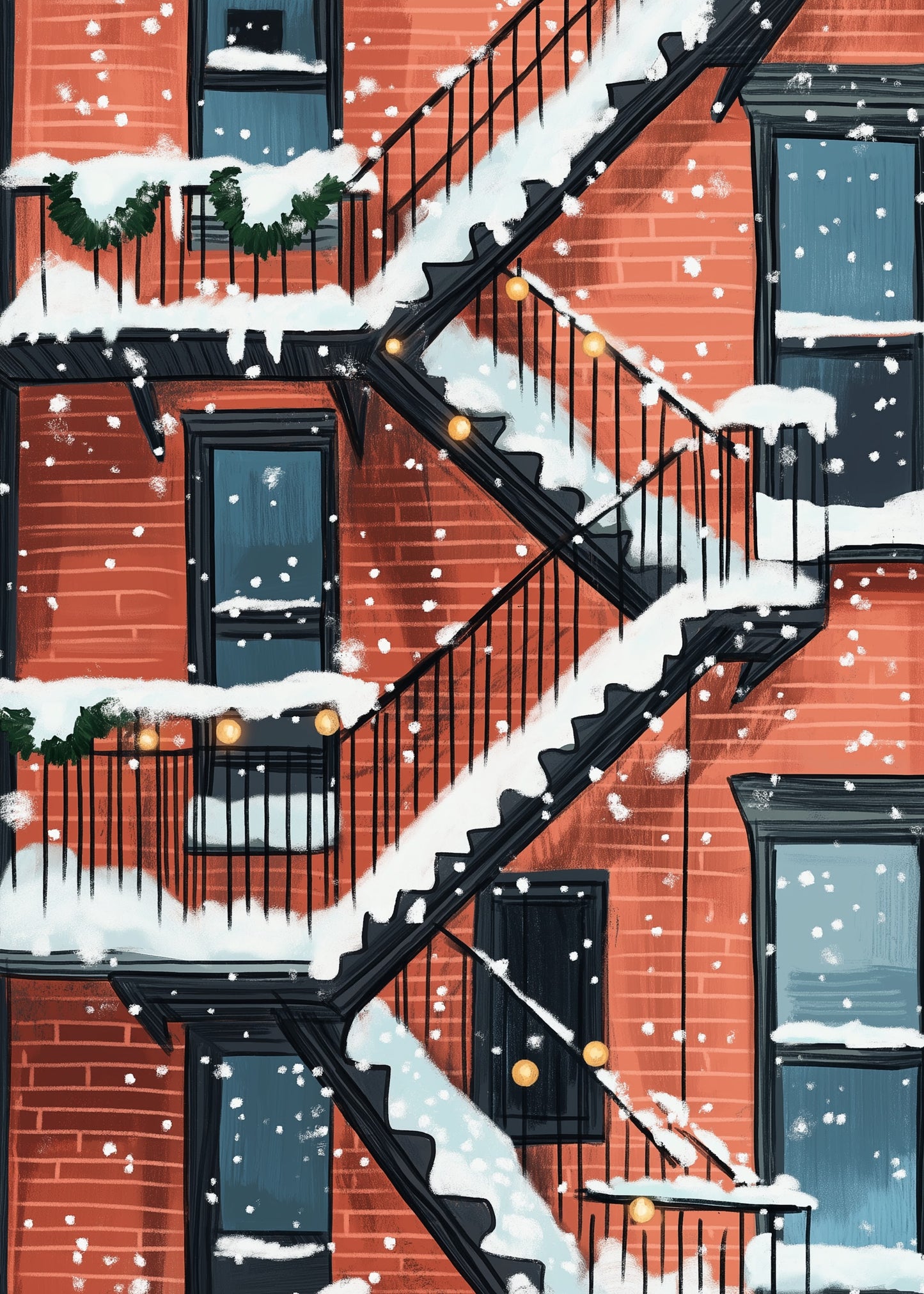 Charming Urban Fire Escape Snow Scene | Brick Building with Holiday Greenery & String Lights | Winter City Poster | Art Print | Wall Decor for City Lovers & Architecture Enthusiasts | Seasonal Artwork
