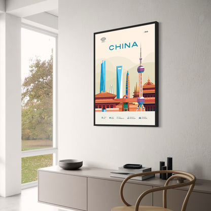 China Travel Poster | Beijing Skyline and Cultural Landmarks | Modern Urban Art Print | Decorative Wall Poster