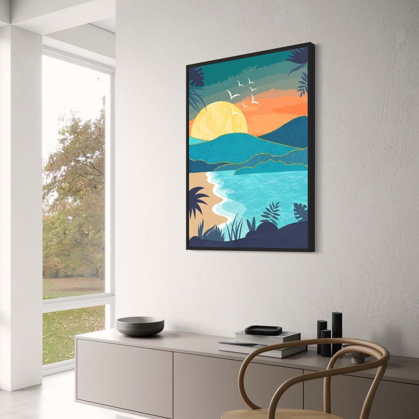 Abstrakte Strandszene bei Sonnenuntergang | Meerblick | Ruhige Küstenkunst Poster