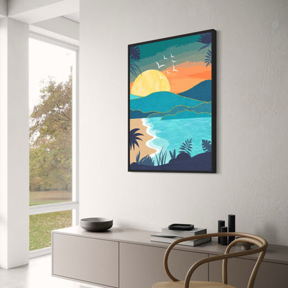 Abstrakte Strandszene bei Sonnenuntergang | Meerblick | Ruhige Küstenkunst Poster