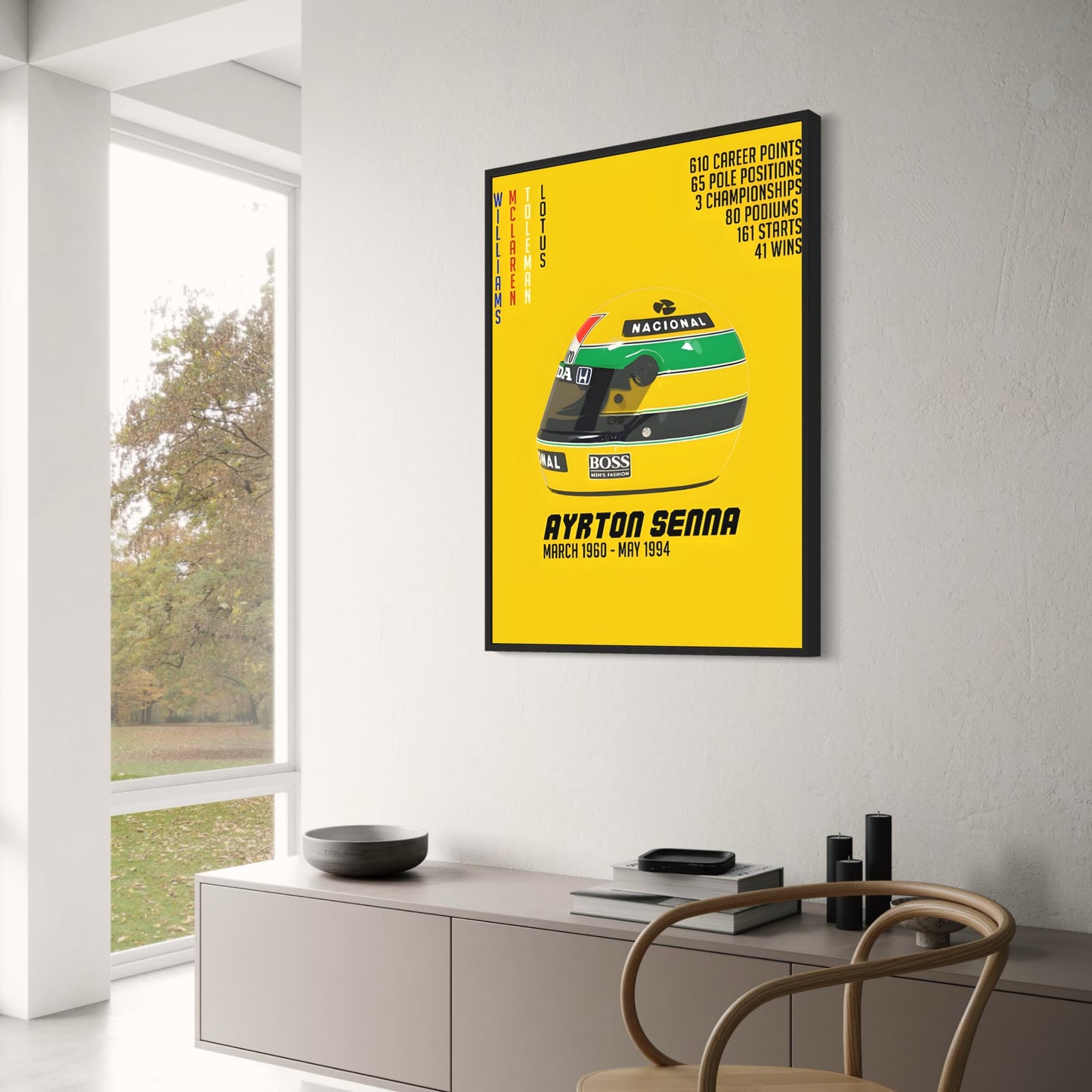Ayrton Senna Kunstposter | F1-Rennfahrer-Wanddekoration | Design für Zuhause, Bar, Café, Wohnzimmer | Kultiger Druck