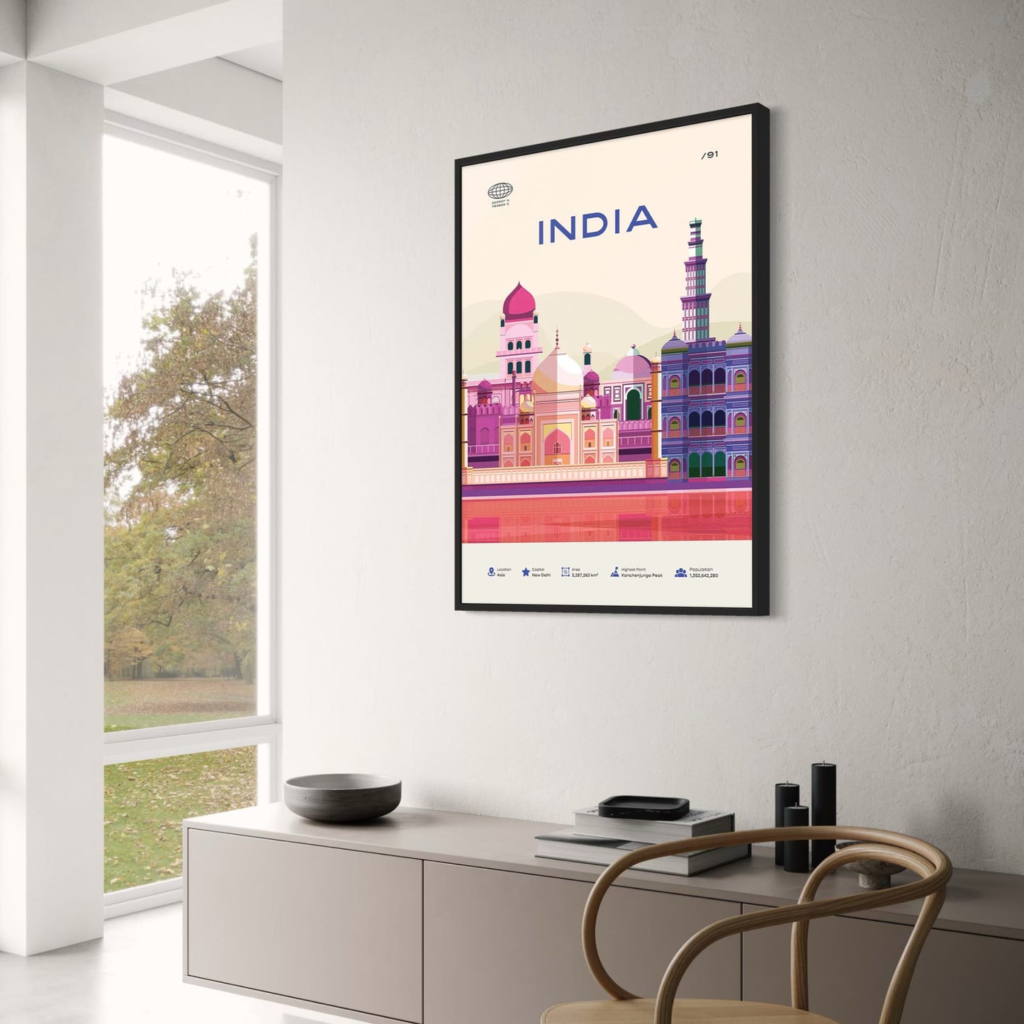 Indien Reiseposter | Architektonische Wahrzeichen Neu-Delhis | Farbenfrohe Illustration | Kulturelle Wandkunst