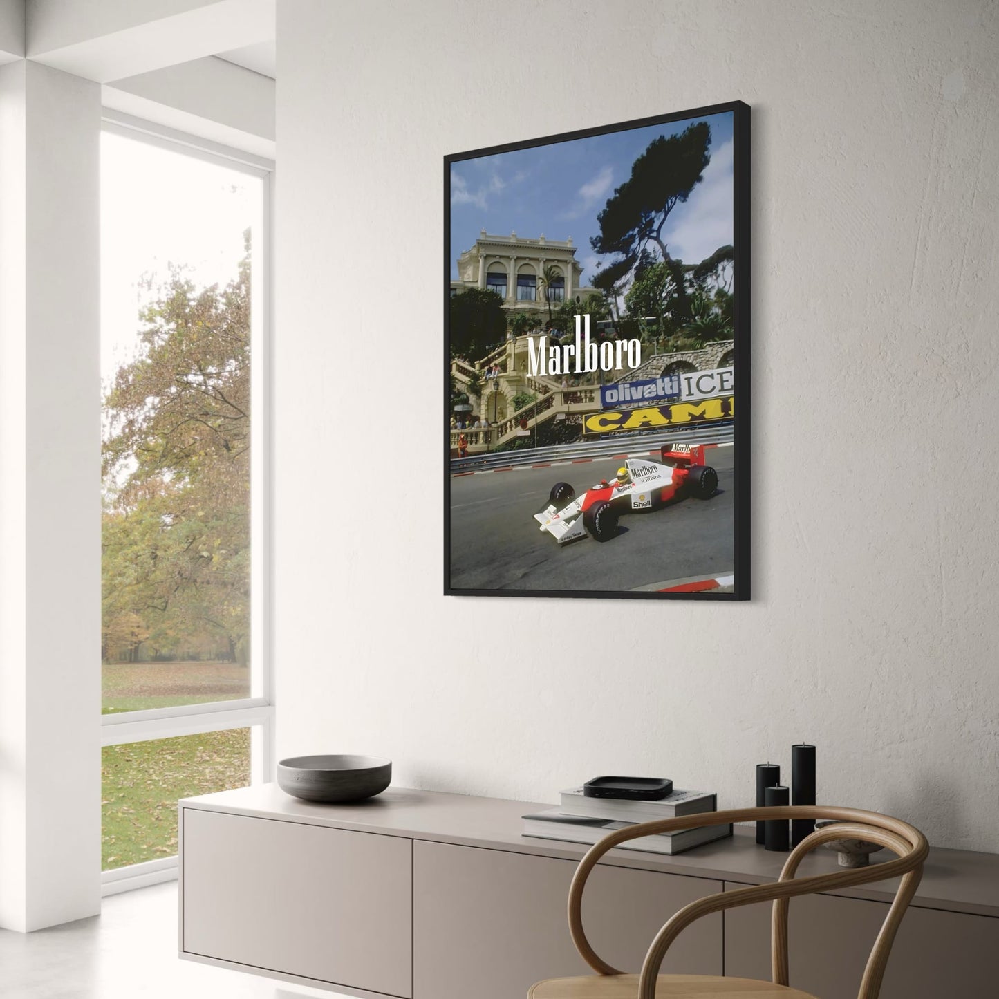 Vintage Formel 1 | Großer Preis von Monaco | F1-Rennplakat | McLaren MP4/5 | Ayrton Senna | Stufen des Casinos von Monte Carlo