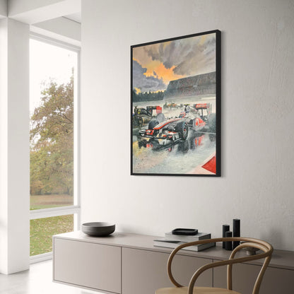 Poster | Rennszene im Regen | McLaren- und Lotus-Autos | Formel-1-Rennaction | Vodafone-Team