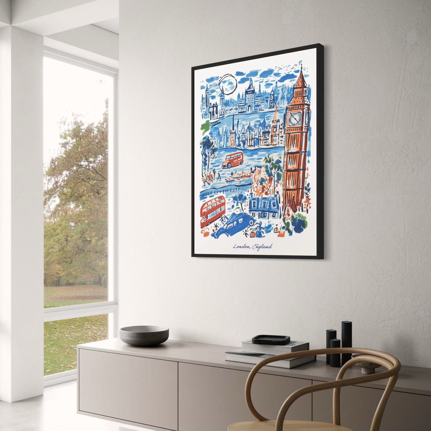 Poster London, England | Ikonische Wahrzeichen der Stadt | Blaue und rote Stadtszene | Perfektes Geschenk für Reisende