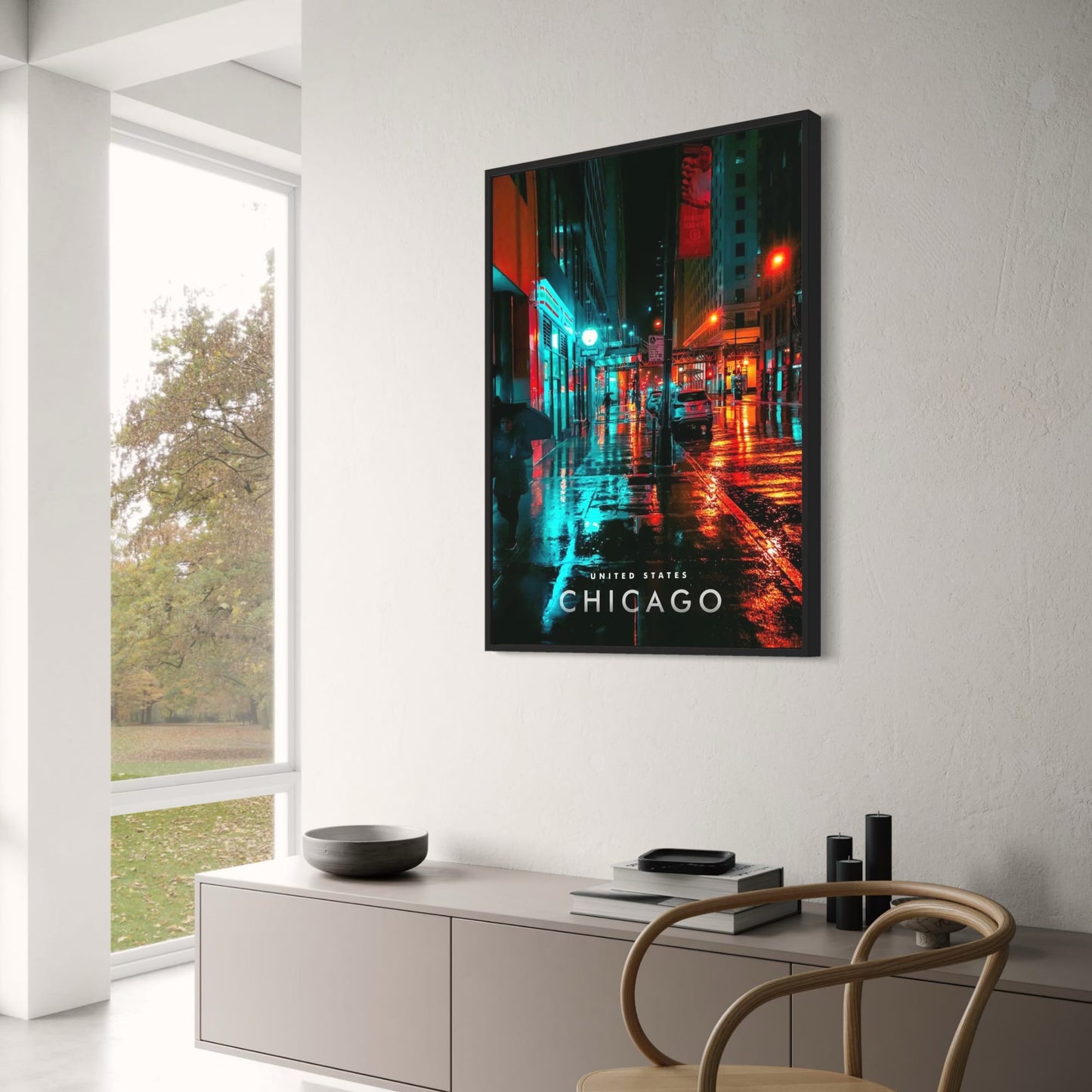Chicago Rainy Night Poster | Urban Wonders Art Print | Cityscape Wall Decor | Artistic City Rain Scene | USA