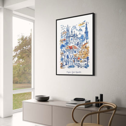 Prager Architektur Poster | Blaue und orange Aquarellkunst | Tschechische Republik Historische Illustration | Einzigartige Wohndekoration