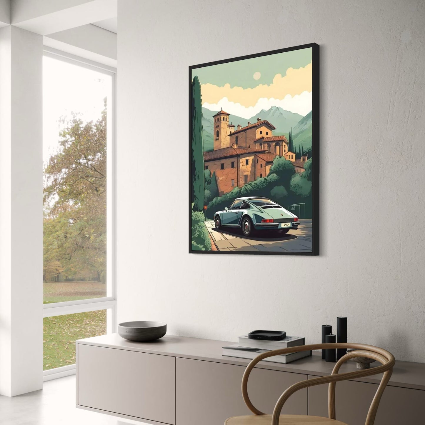 Porsche 911 Poster | Heitere Dämmerung im alten Kloster | Friedlicher Zufluchtsort | Automobilkunst | Historische Erkundungen