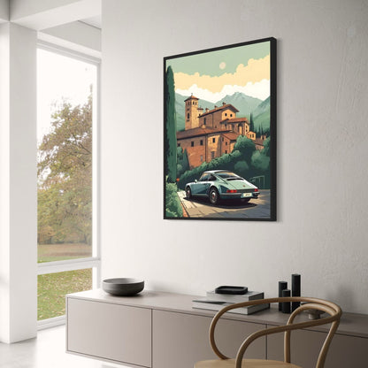 Porsche 911 Poster | Heitere Dämmerung im alten Kloster | Friedlicher Zufluchtsort | Automobilkunst | Historische Erkundungen