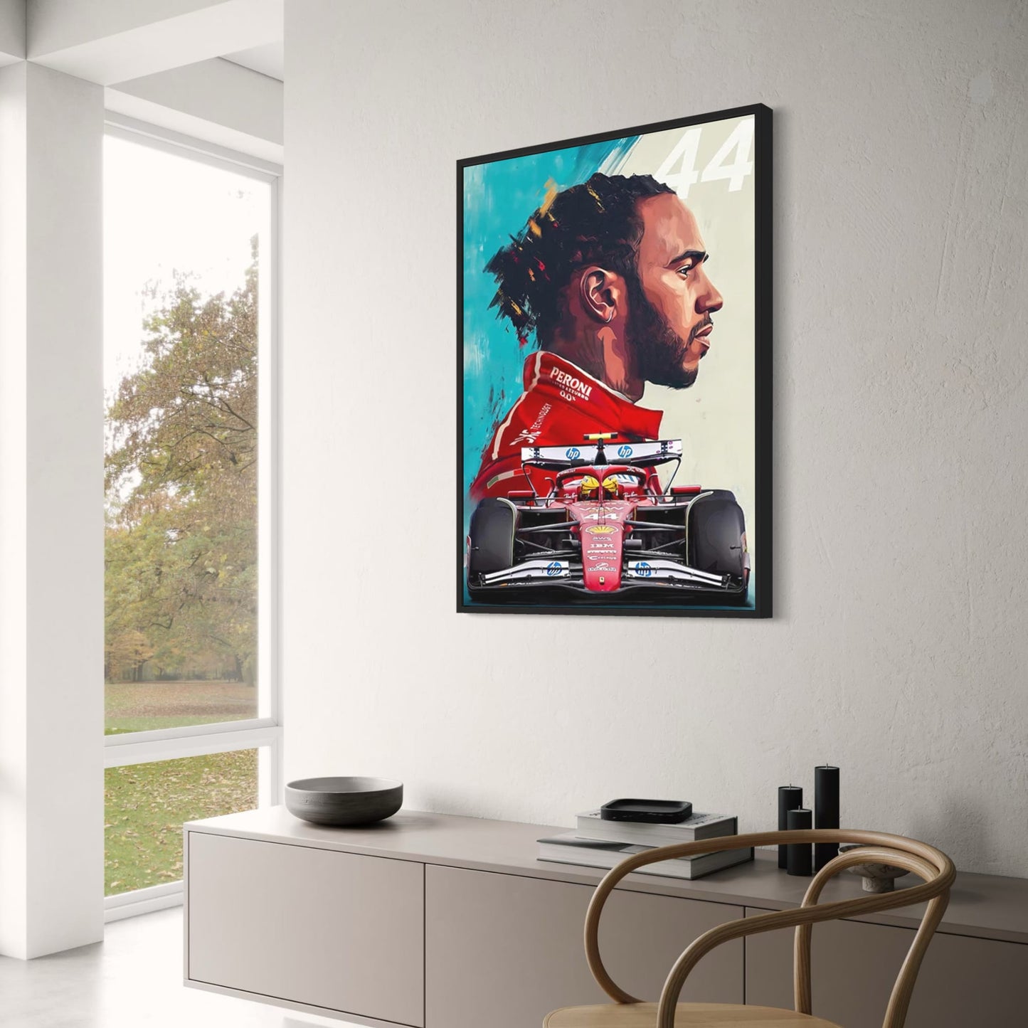 Lewis Hamilton 2025 Formel 1 Saison Künstlerisches Portrait-Poster | Lebendiger abstrakter Hintergrund | SF25 Auto | Nummer 44