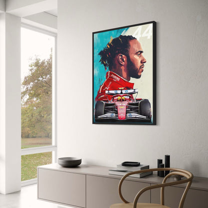 Lewis Hamilton 2025 Formel 1 Saison Künstlerisches Portrait-Poster | Lebendiger abstrakter Hintergrund | SF25 Auto | Nummer 44