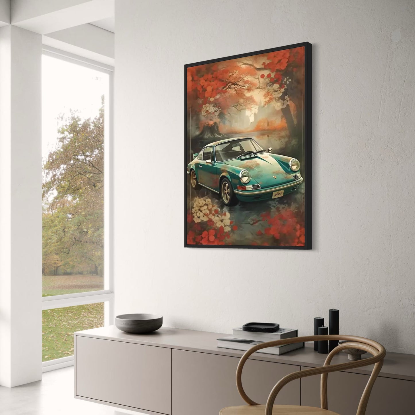 Porsche 911 Poster | Verträumte Kirschblütenszene | Frühlingsblütenfahrt | Ruhige Kurzurlaube