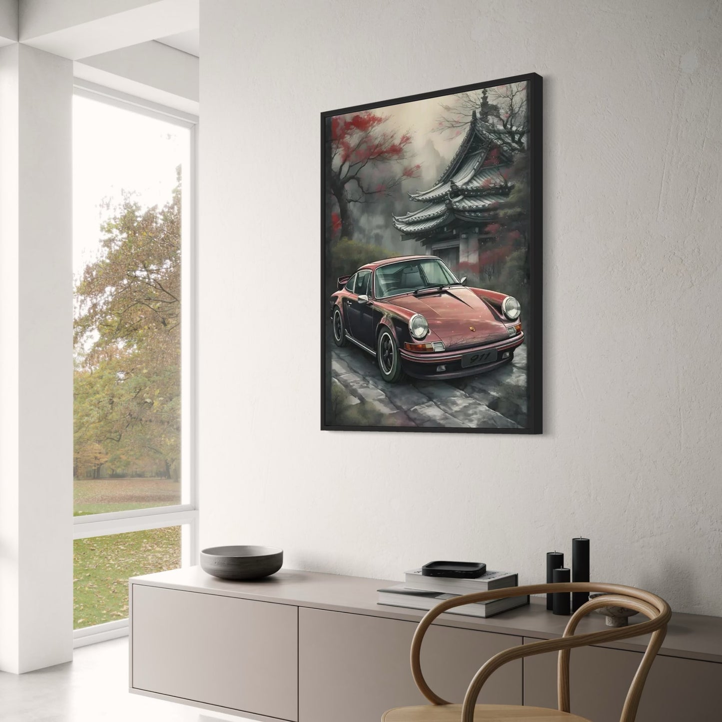 Poster | Porsche 911 | Herbstliche Tempelgärten | Friedlicher Rückzugsort | Malerische Ruhe | Nachdenklicher Moment