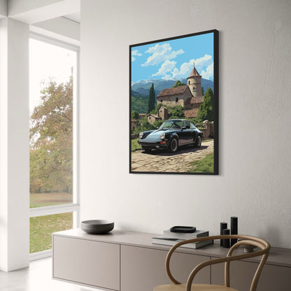 Porsche Poster | 911 Morning Glory | Morgendämmerung auf dem Land | Ruhe in der alten Kirche