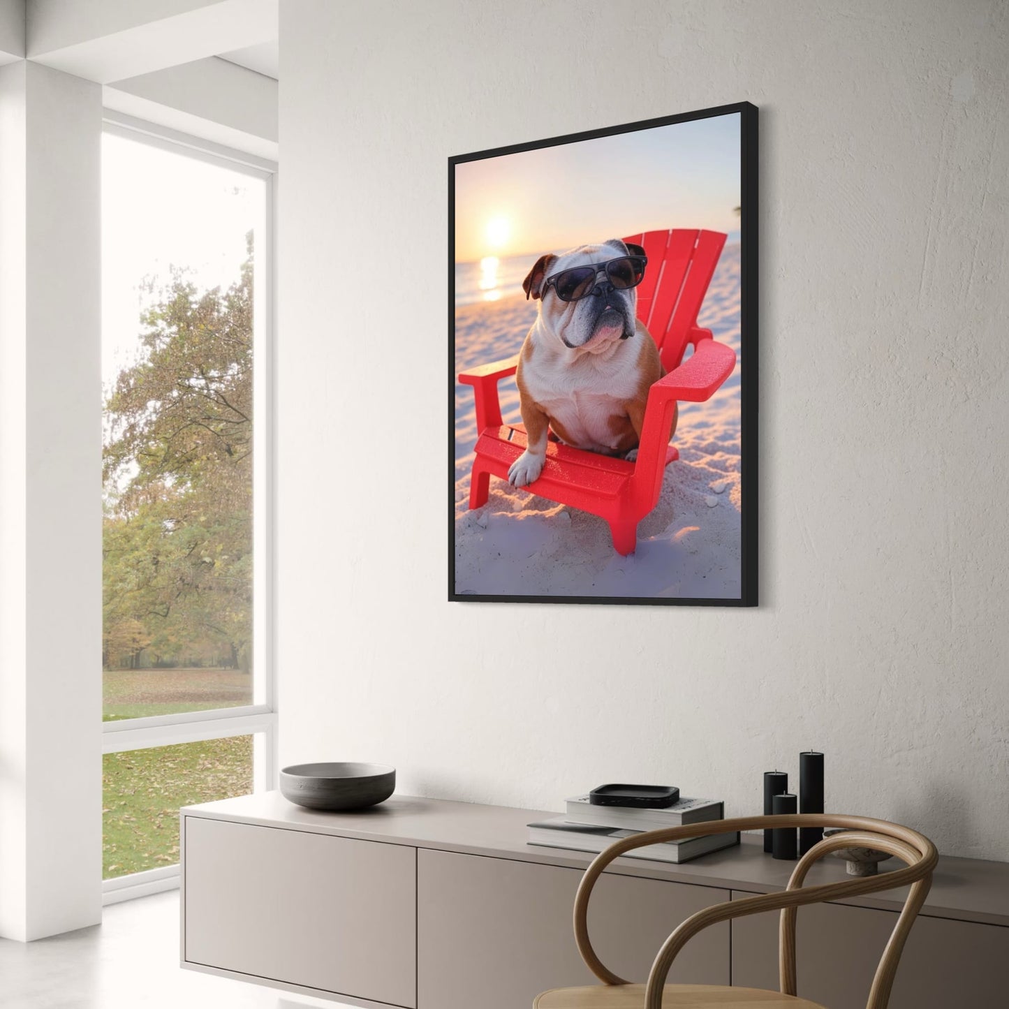 Sunset Beach Bulldog Portrait Poster | English Bulldog in Red Chair Wearing Sunglasses | Vibrant Wall Art for Home or Office