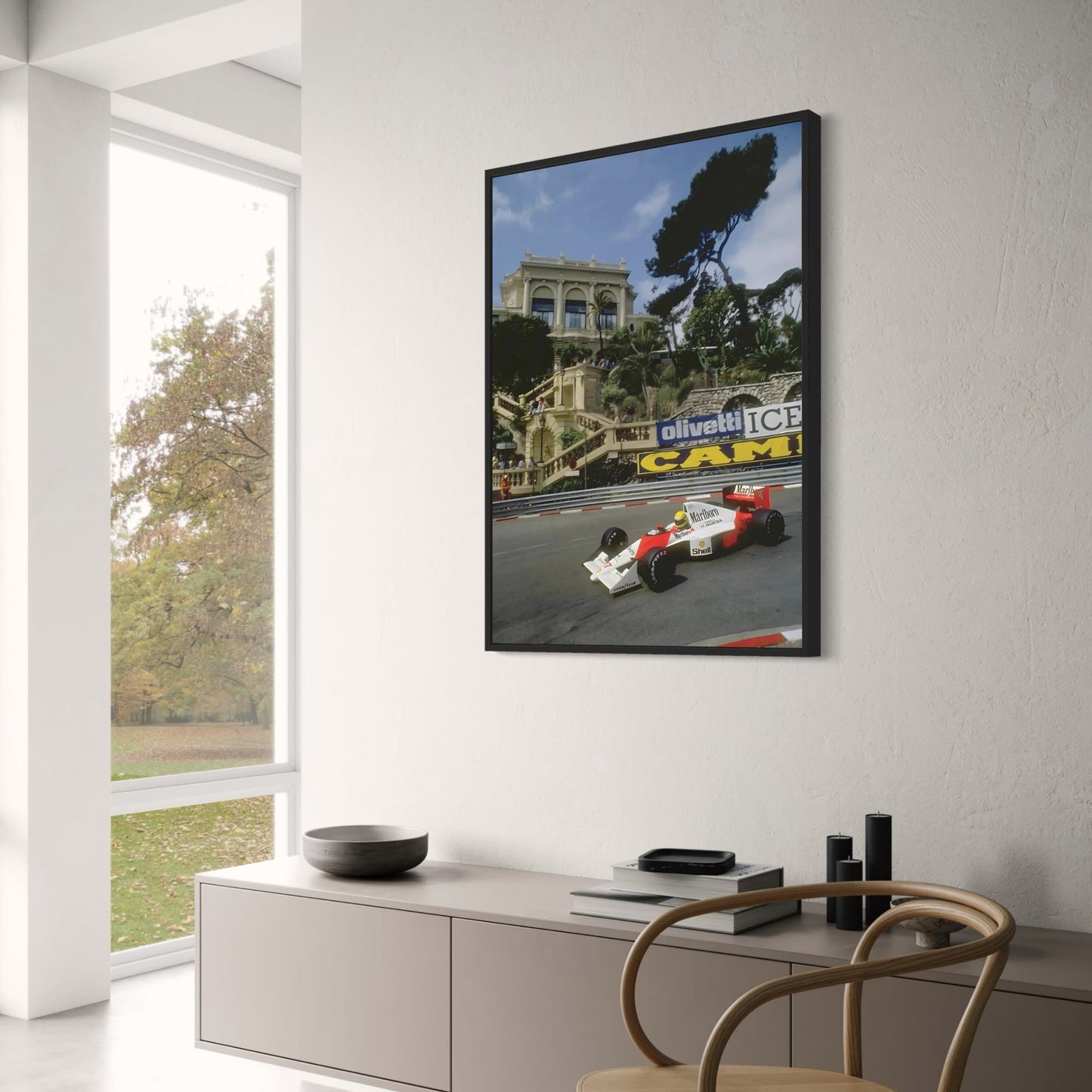 Formel 1 von Monaco | Grand Prix von Monaco | F1-Rennplakat | McLaren MP4/5 | Ayrton Senna | Stufen des Casinos von Monte Carlo