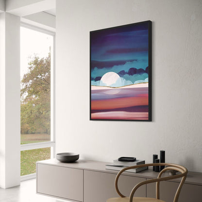 Abstraktes Landschaftsposter | Vollmond über Wüstenlandschaft | Künstlerisches Wüstennachthimmel-Poster | Wandkunst für die Inneneinrichtung