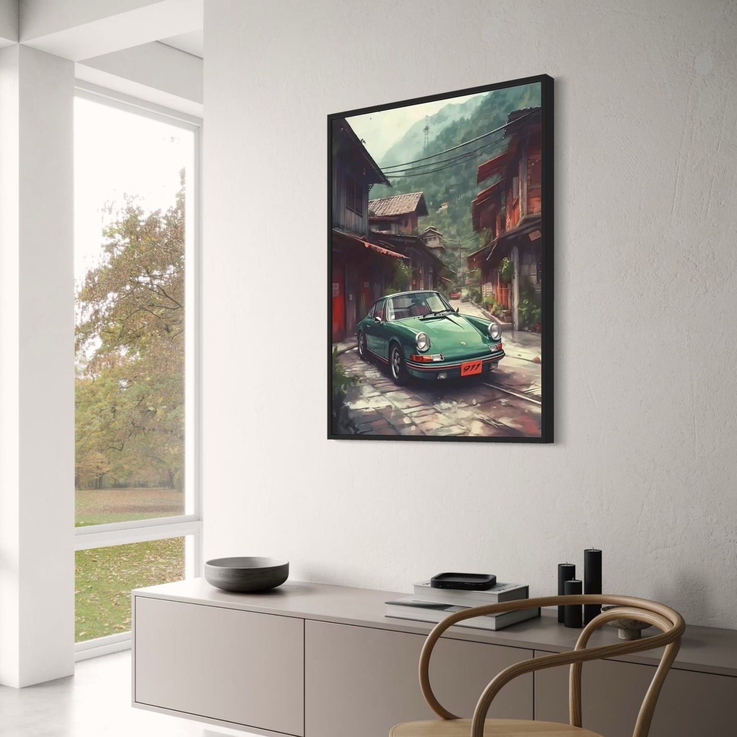 Porsche 911 Poster | Altstadtstraße in den Bergen Kunst | Historischer Erkundungsdruck | Nostalgische Routen Kunstwerk