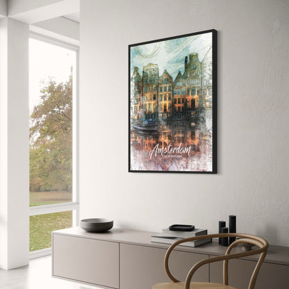 Grachtenhäuser | Amsterdam | Niederlande | Traditionelle niederländische Architektur | Ikonische Amsterdamer Grachten | Poster zur Stadtarchitektur