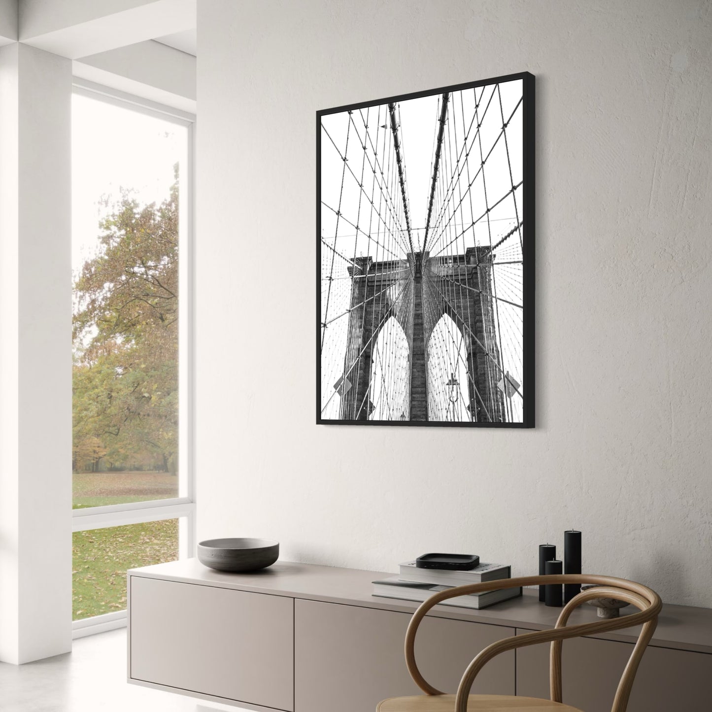 Linien und Symmetrie der Brooklyn Bridge | Kultige Hängebrücke von NYC | Wohndekor | Dekorationsposter