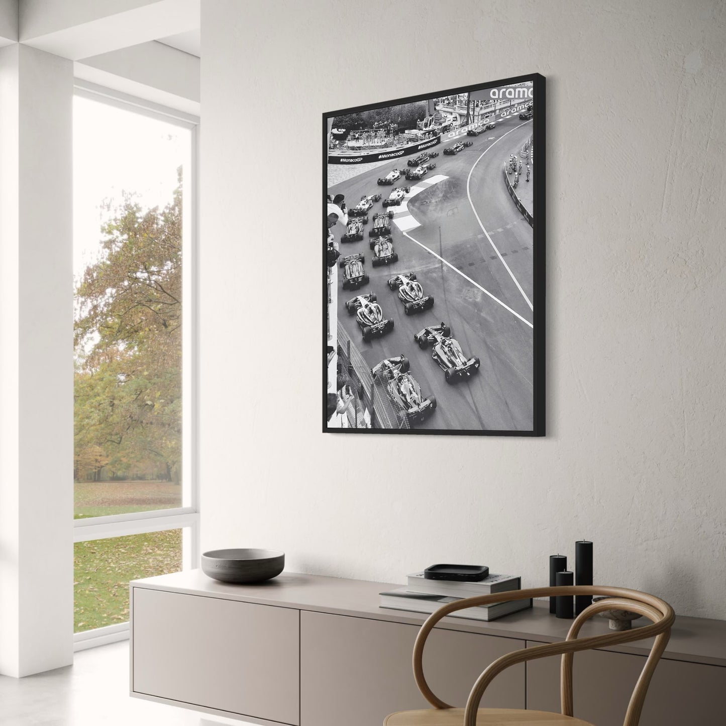 Schwarz-weißes Vintage-F1-Rennplakat | Monaco Grand Prix-Rennwagen | Wandkunst auf Leinwand für die Inneneinrichtung