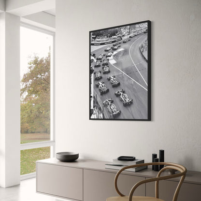 Schwarz-weißes Vintage-F1-Rennplakat | Monaco Grand Prix-Rennwagen | Wandkunst auf Leinwand für die Inneneinrichtung