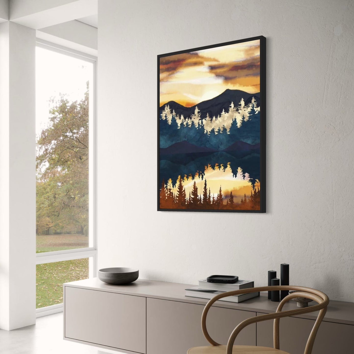 Abstraktes Landschaftsposter | Goldener Bergszenendruck | Wanddekoration | Kunstwerk für Haus und Garten