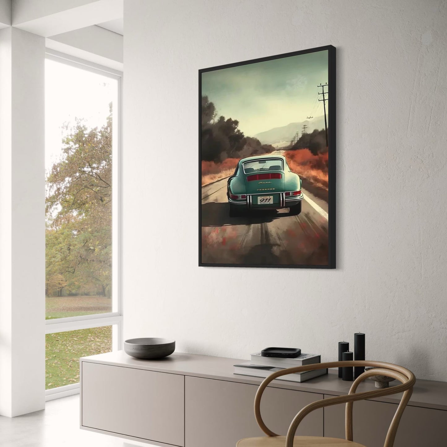 Porsche 911 Poster | Feurige Autobahnfahrt bei Sonnenuntergang | Wüstenlandschaftskunst | Dramatische Szenerie