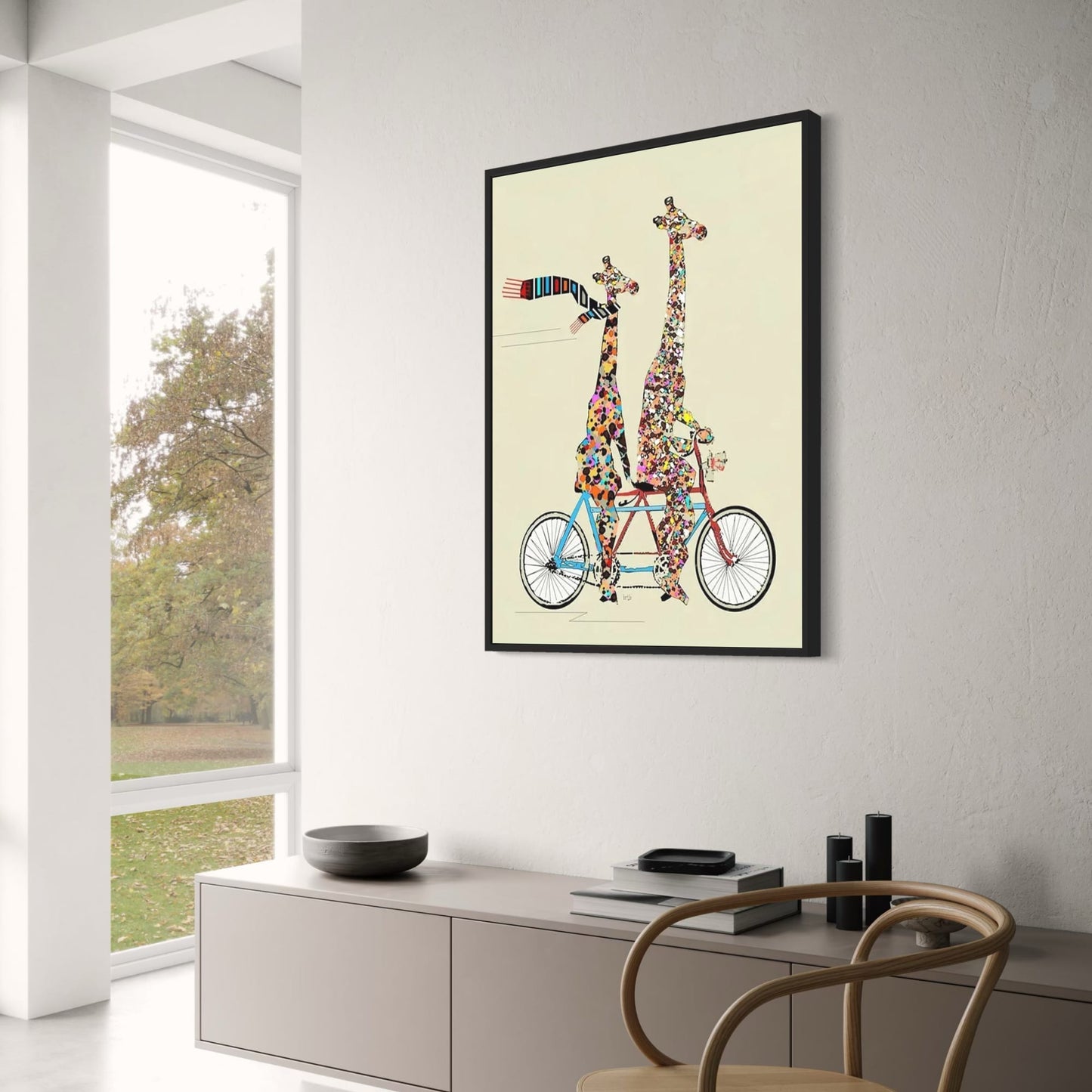 Giraffe's Patchwork Pedal Poster | Whimsical Wheels | Colorful Animated Adventure Decor | Joyful Journey Wall Art