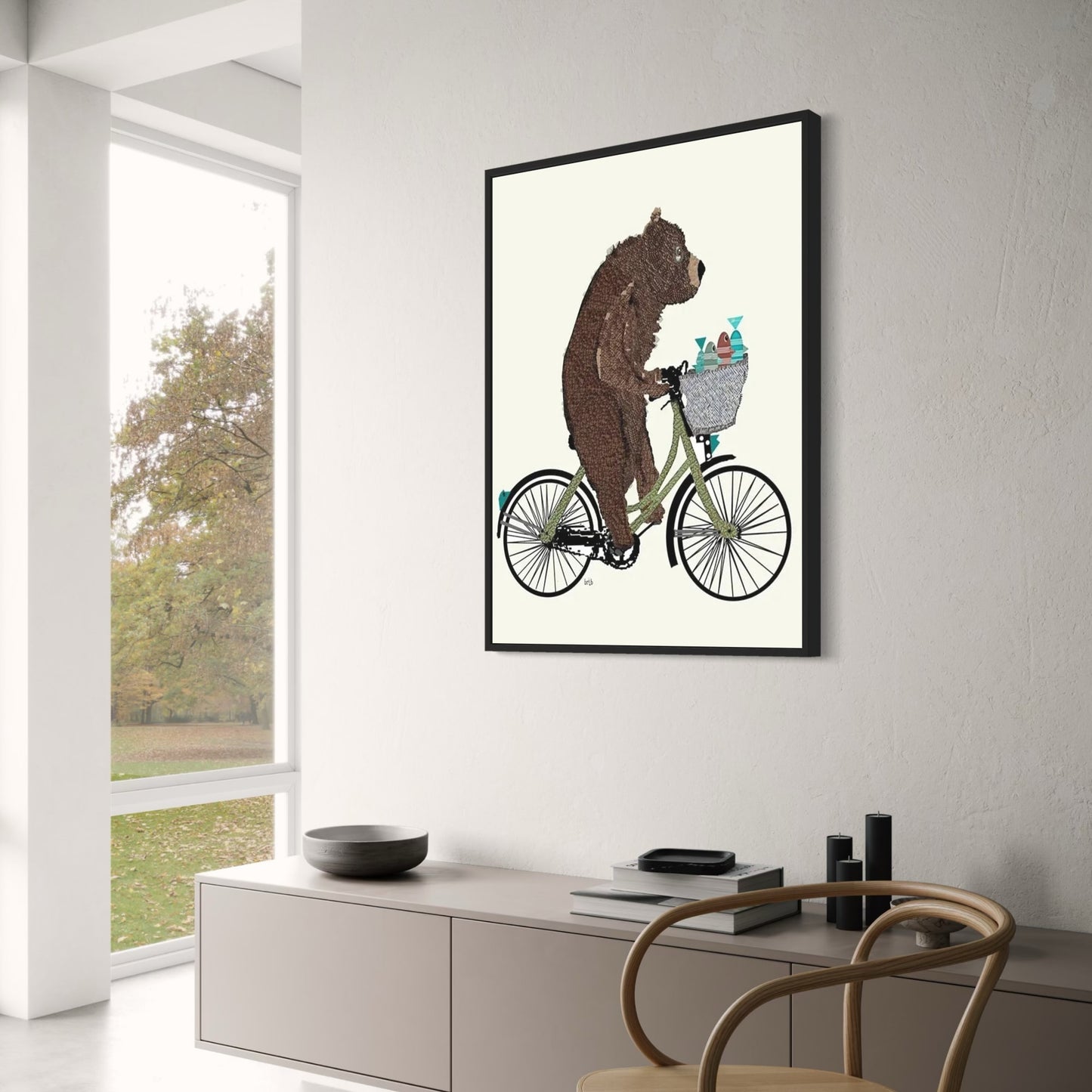 Bear and Fishes Poster | Whimsical Wheels Artwork | Joyful Animated Adventure Decor