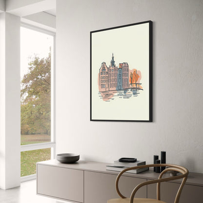 Amsterdam Canal Houses Poster | Stylized Watercolor Art | Netherlands Urban Landscape | Unique Travel Decor