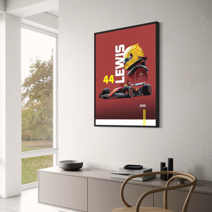 Lewis Hamilton Formel 1-Rennposter Saison 2025 | SF25-Meisterschaftsauto mit legendärem gelben Helm | Rote Sammleredition