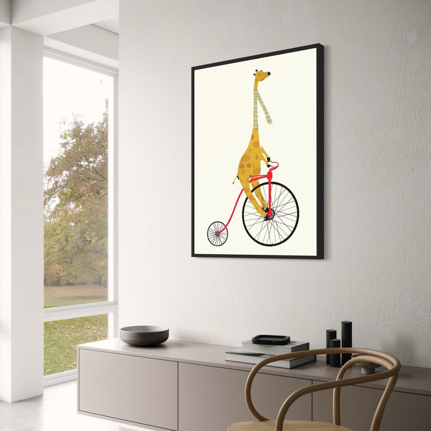 Giraffe's Solo Cycle Poster | Whimsical Wheels Artwork | Joyful Animated Adventures Decor