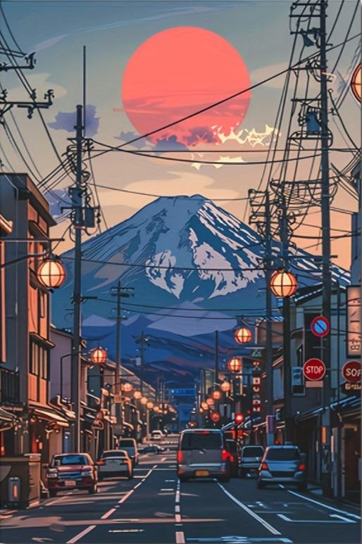 Vibrant Mount Fuji Sunset Oil Painting - Urban Streets Of Japan