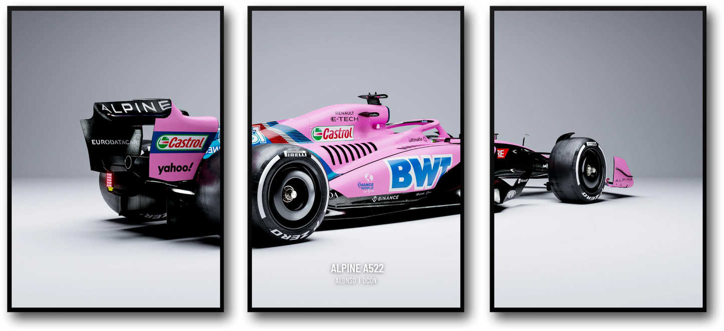 Alpine F1 Race Car Poster | 3-Piece Wall Art | Formula 1 Racing | Triple Panel Motorsport Print