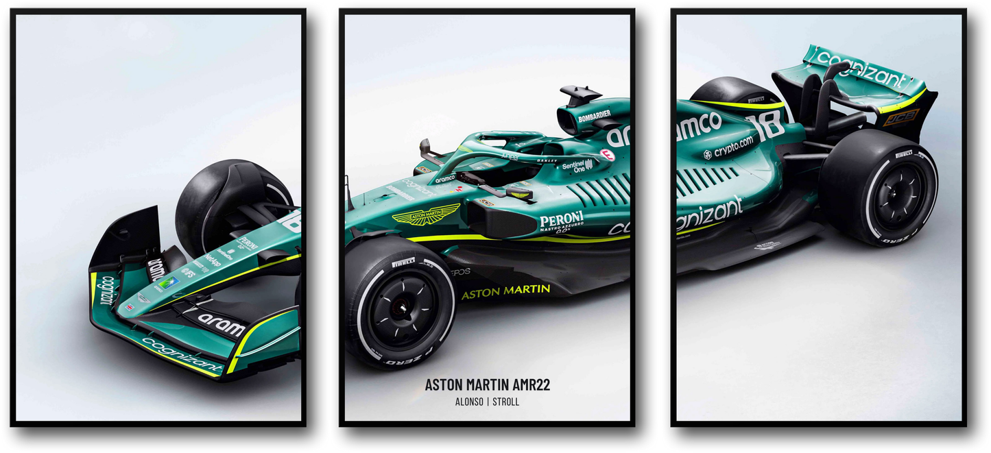 Formel-1-Autoposter | Dreiteilige Wandkunst | Aston Martin F1 Rennsport-Dekor | 3-teiliges Set