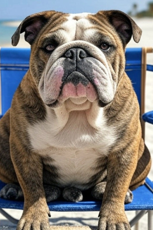 Charming Beach Day Bulldog portrait Poster: Relaxed Bulldog in Blue Chair on Sandy Beach - Perfect Wall Decor for Animal Lovers