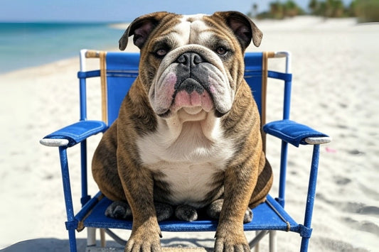 Charming Beach Day Bulldog Poster | Relaxed Bulldog in Blue Chair on Sandy Beach | Perfect Wall Decor for Animal Lovers