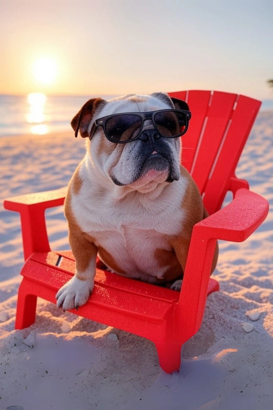 Sunset Beach Bulldog Portrait Poster | English Bulldog in Red Chair Wearing Sunglasses | Vibrant Wall Art for Home or Office