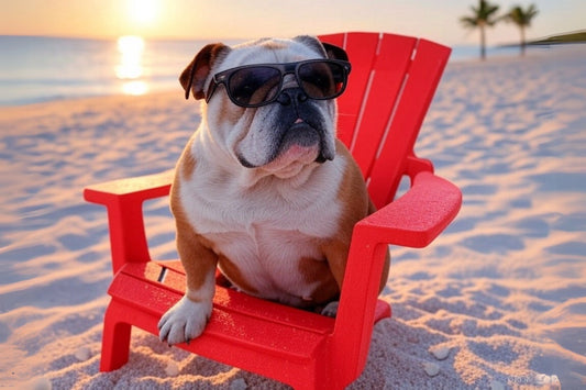 Sunset Beach Bulldog Poster | English Bulldog in Red Chair Wearing Sunglasses | Vibrant Wall Art for Home or Office