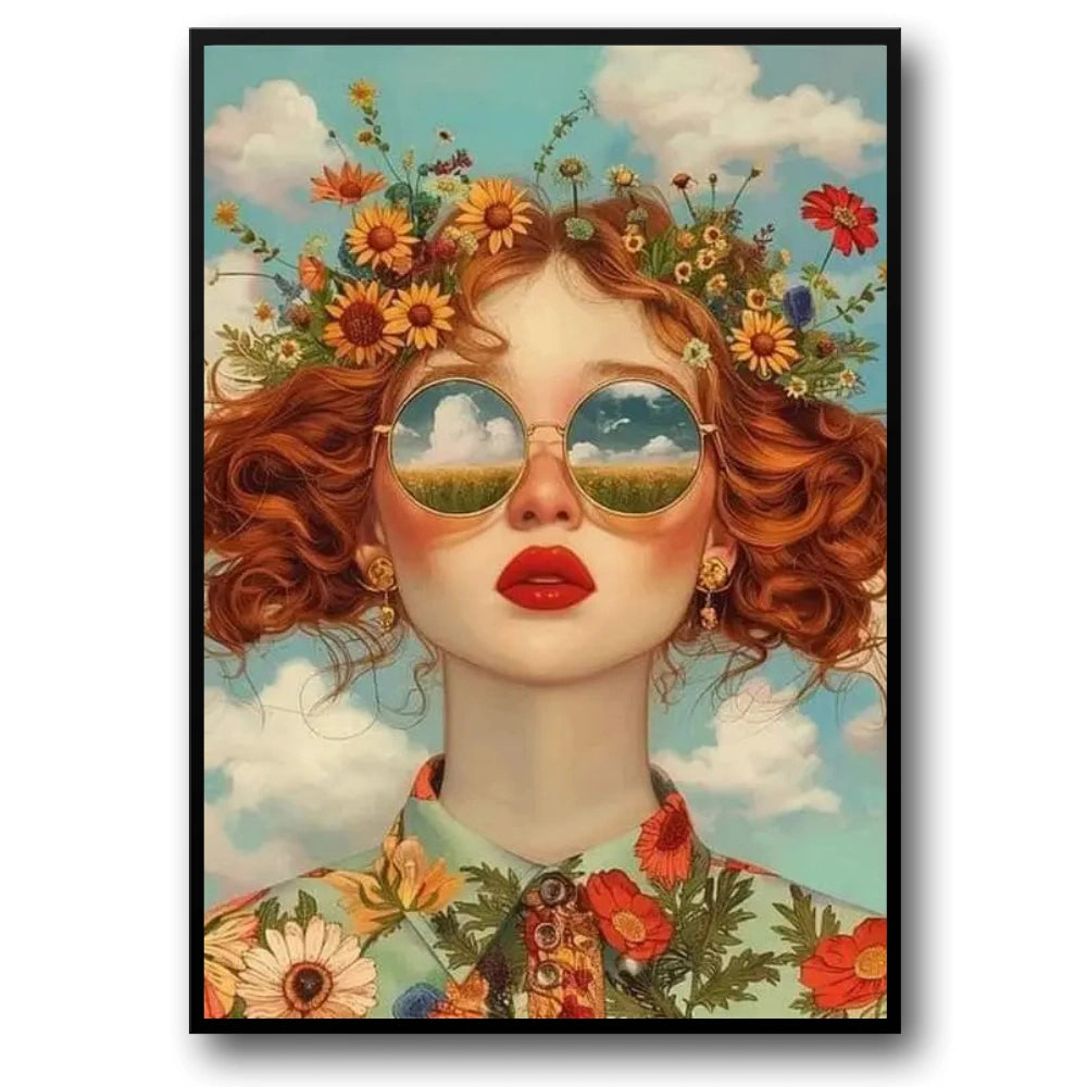 Floral Girl Poster | Sunset Meadow Vision | Woman with Floral Crown Reflecting Sunset in Sunglasses