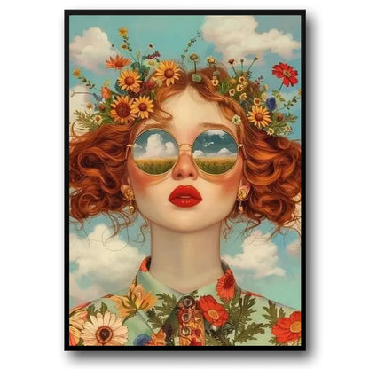 Floral Girl Poster | Sunset Meadow Vision | Woman with Floral Crown Reflecting Sunset in Sunglasses