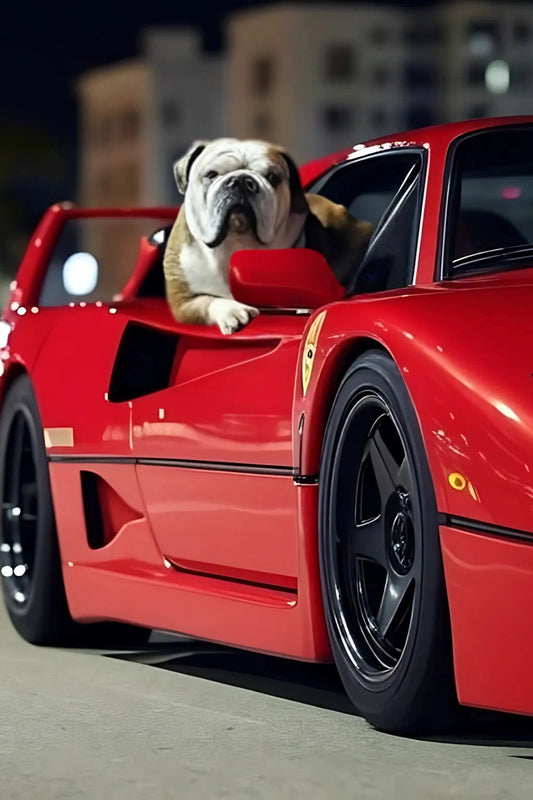 English Bulldog in Ferrari F40 Portrait | Luxury Car Enthusiast Bulldog Poster | Classic Car and Pet Lover's Dream Wall Art